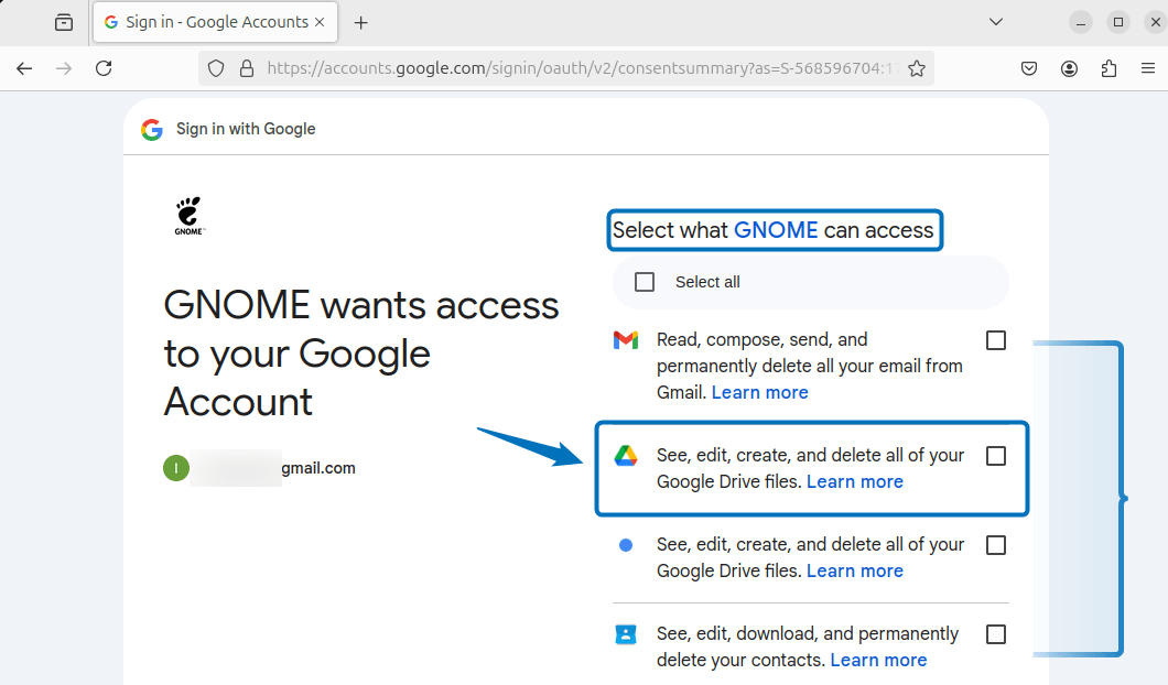 Giving permissions to access Google Drive on Ubuntu for GNOME