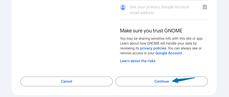 Apply the selecting permissions for GNOME to access google Drive on Ubuntu
