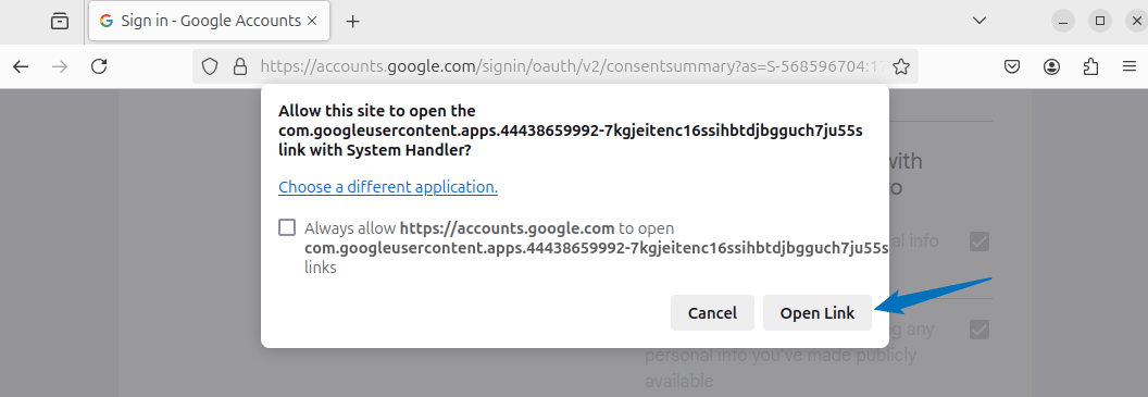 Opening the settings application on Ubuntu for Google account settings