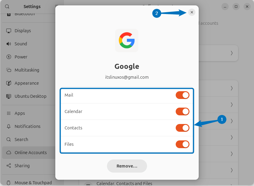 Google account settings on Ubuntu