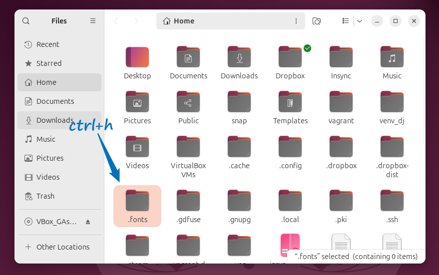 copying the fonts file to the created fonts directory in Ubuntu via GUI