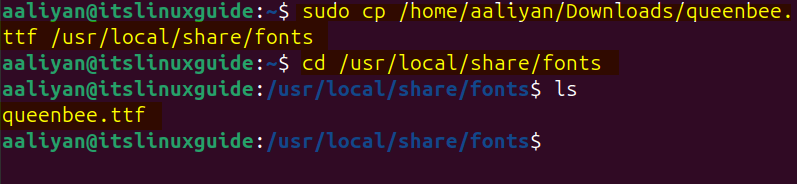Copying the fonts file to the default fonts directory on Ubuntu via terminal
