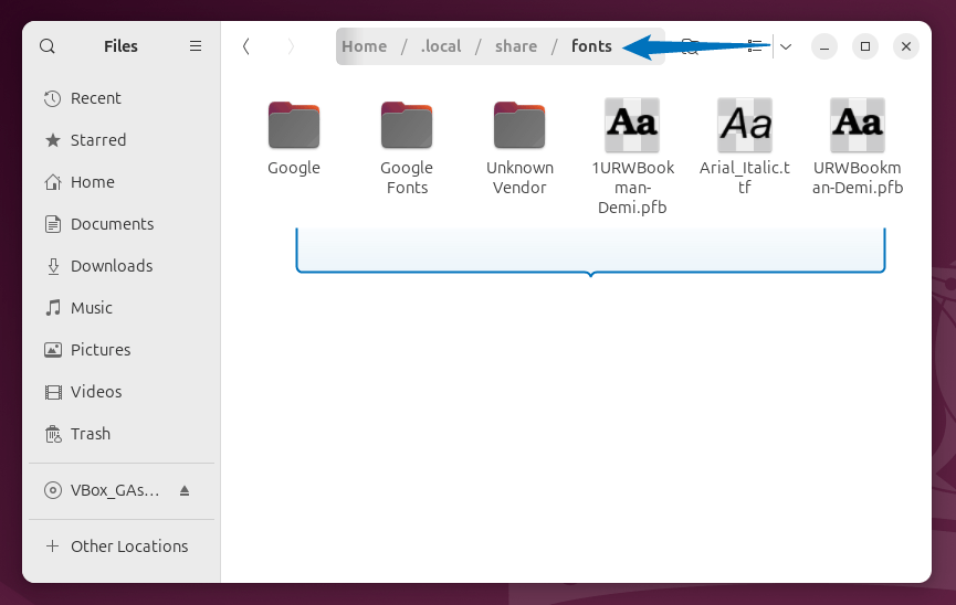 Copying the fonts file to the created fonts directory in Ubuntu via GUI