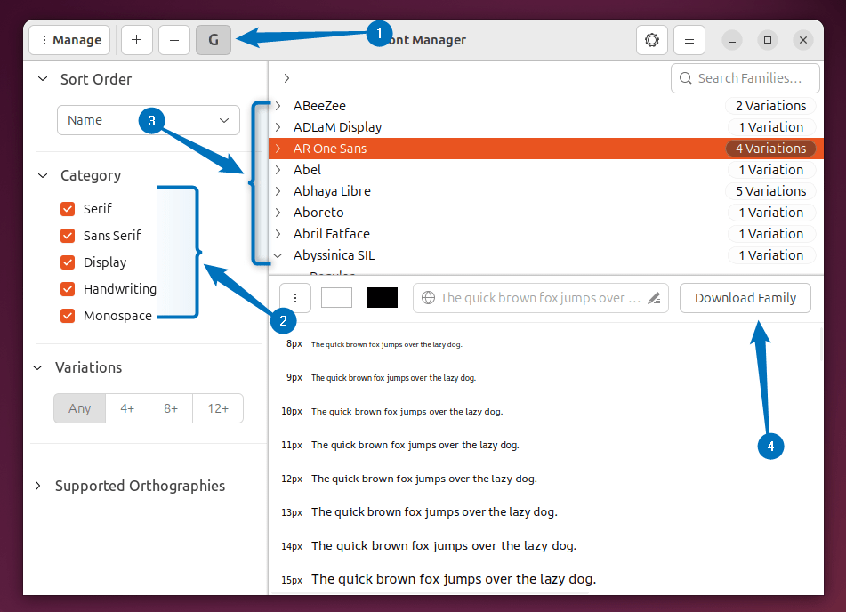 Installing Google fonts on Ubuntu using font manager