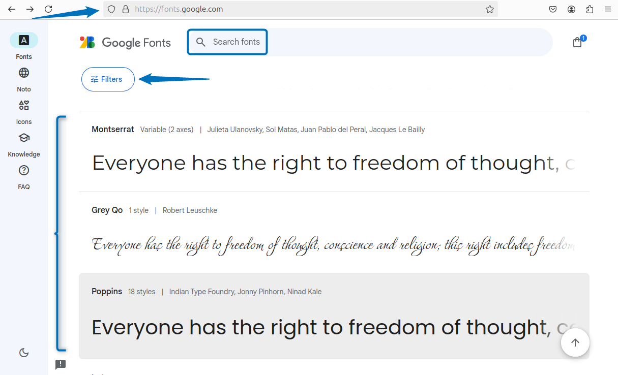 Searching for Google font on fonts.google website