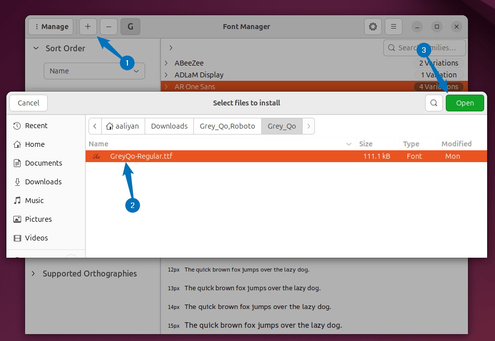 Manually adding the Google fonts in Font Manager on Ubuntu