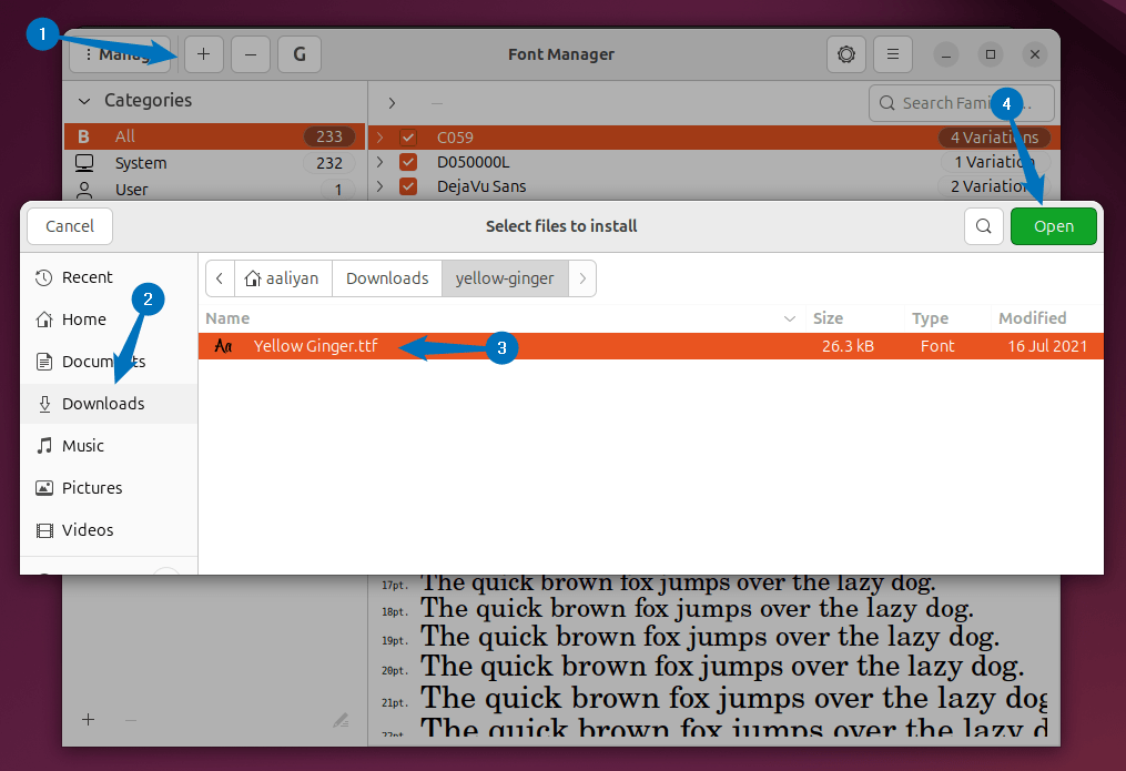 Loading/installing font files in font manager on Ubuntu