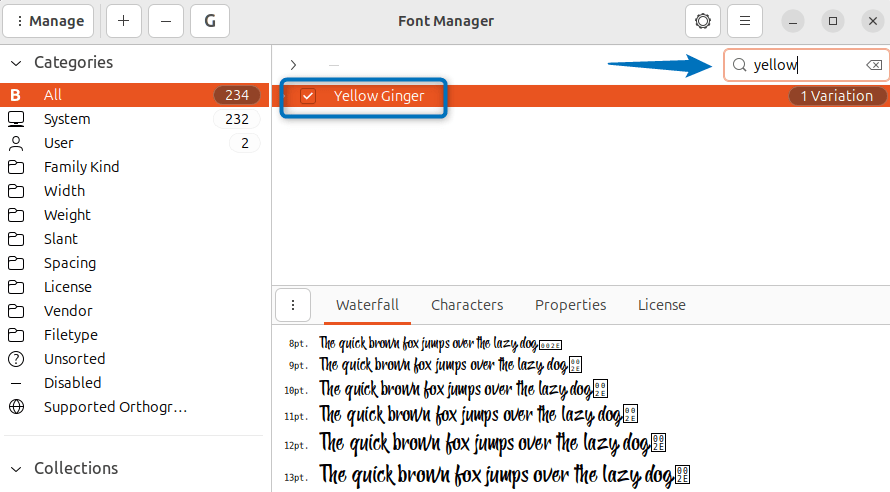Verifying the font installing on Ubuntu font manager by looking for it in search
