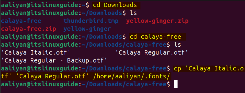 Copying the fonts file to the created fonts directory in Ubuntu via terminal