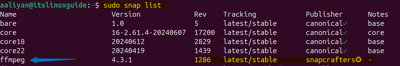 Listing snap install apps on Ubuntu to check FFMPEG version