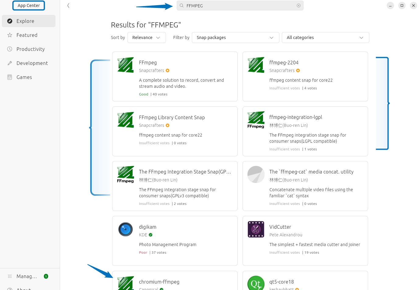 Searching of FFMPEG on Ubuntu App Center