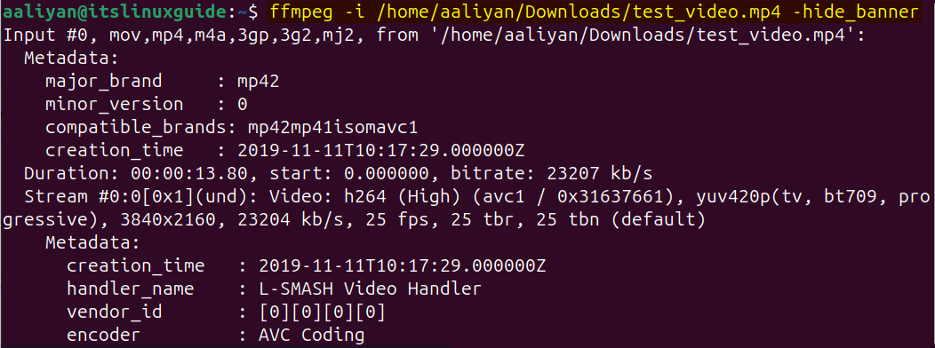 Displaying media files information on Ubuntu using FFMPEG 
