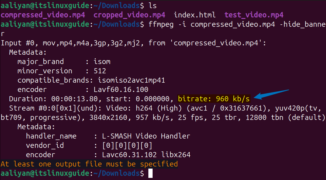 Displaying the compressed video details on Ubuntu using FFMPEG