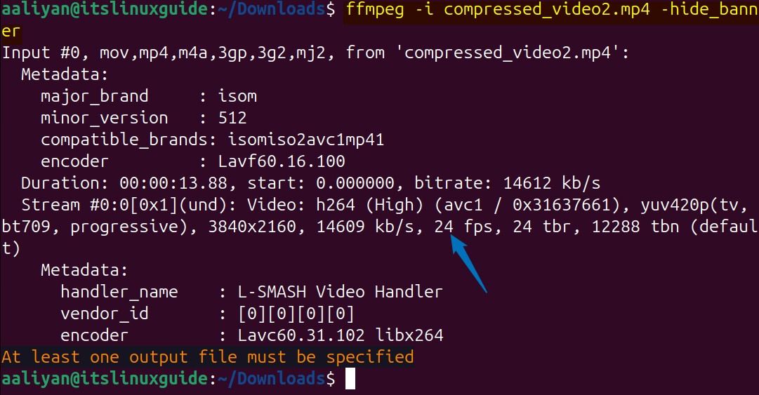 Displaying the compressed video details on Ubuntu using FFMPEG