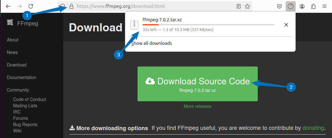Downloading FFMPEG source file on Ubuntu from its official site 