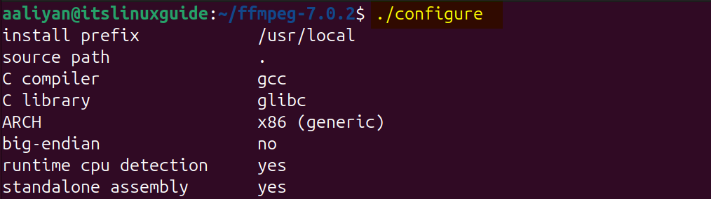 Executing the FFMPEG configure file om Ubuntu