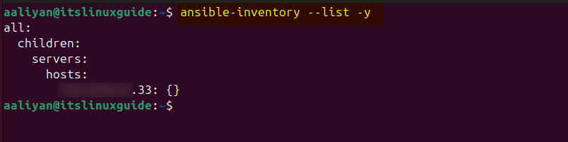 Listing Ansible inventory on Ubuntu to verify the added host's IP addresses
