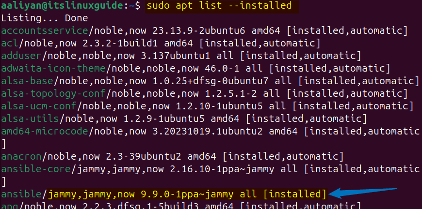 Listing apt installed apps on Ubuntu to validate Ansible installartion.