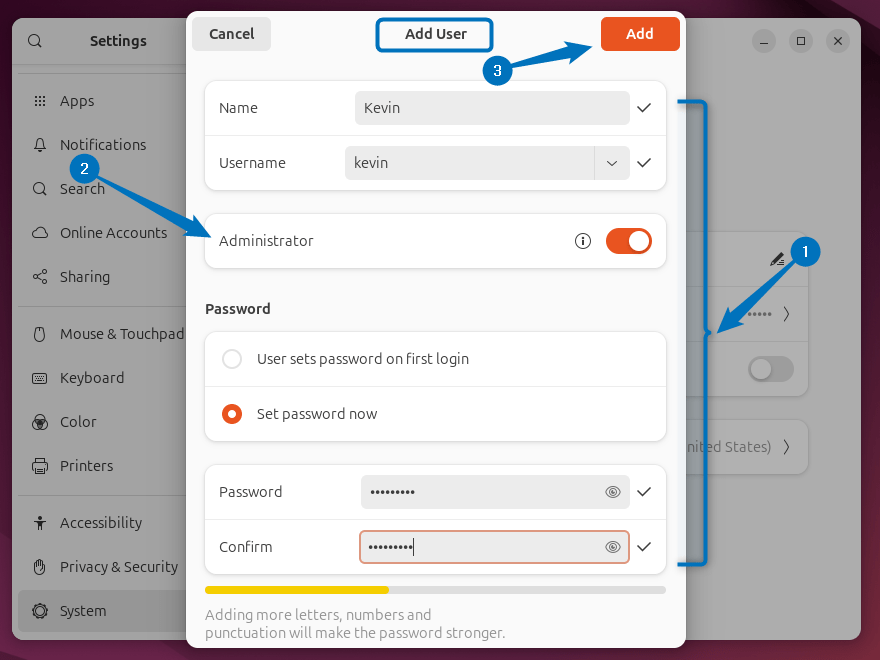 Adding an adminisntrator user in Ubuntu using its settings app