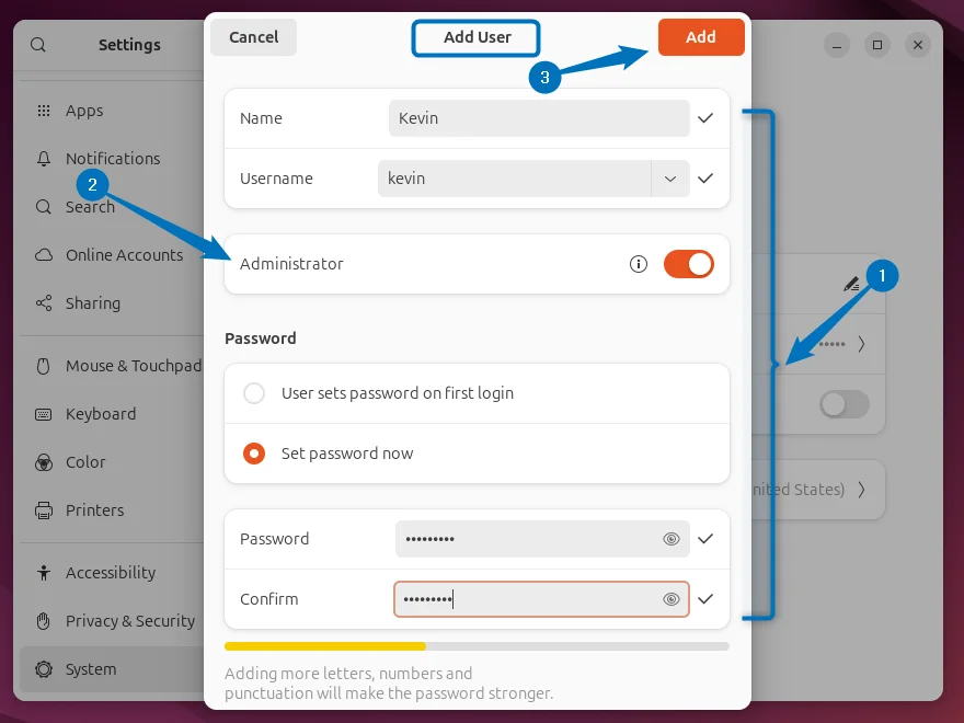 Adding an adminisntrator user in Ubuntu using its settings app 