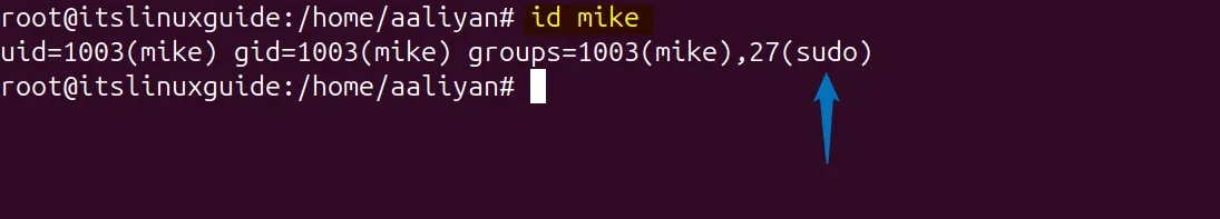 Verify the added sudo user in Ubuntu by checking its ID 