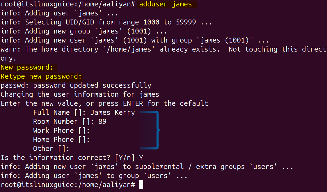 Adding a user in Ubuntu first by using adduser commad