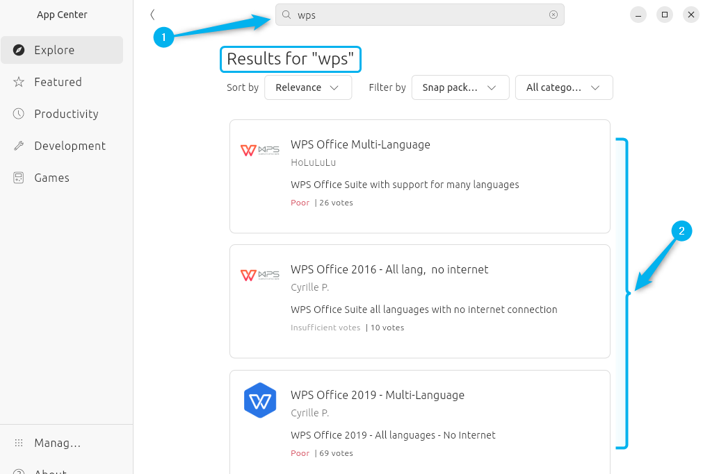 Searching for WPS Office on Ubuntu App Center