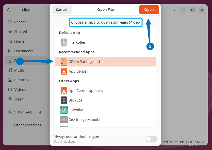 Opening Atom deb file using GDebi package installer on Ubuntu