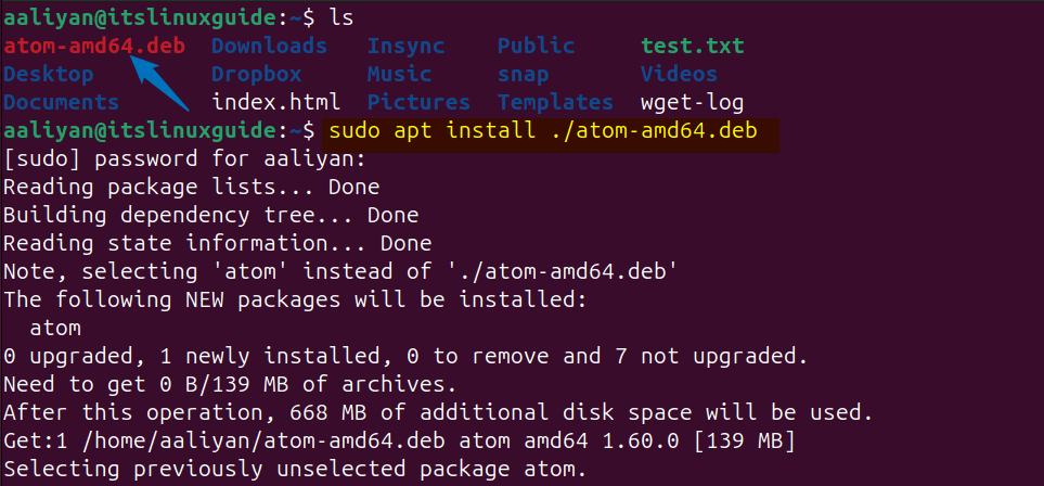 Installing Atom text editor using its deb file on Ubuntu