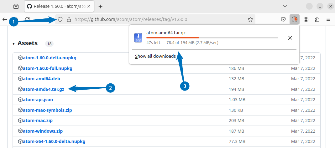 Downloading atom text editor tar file from GitHub on Ubuntu