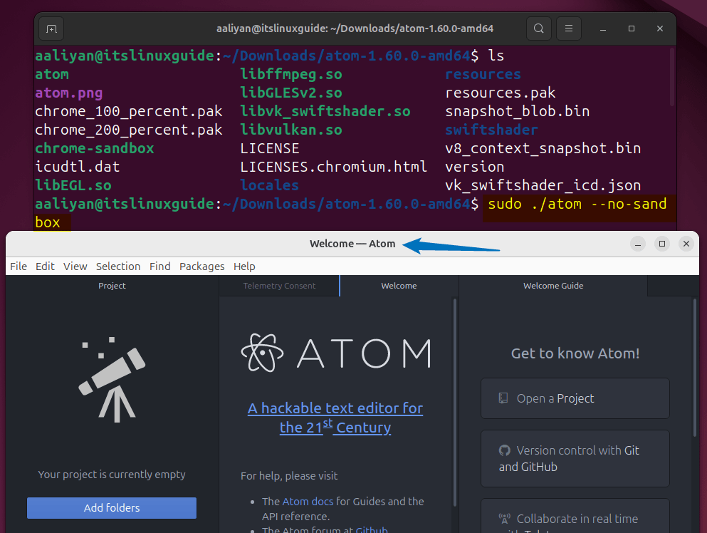 Launching Atom text editor on Ubuntu uisng it tar file