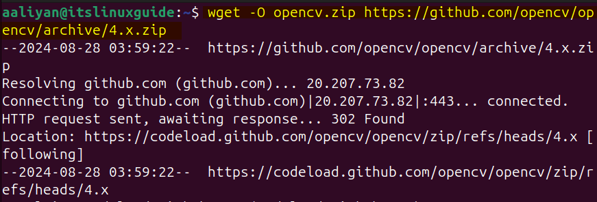 Downloading core module zip file for OpenCV on Ubuntu via GitHub