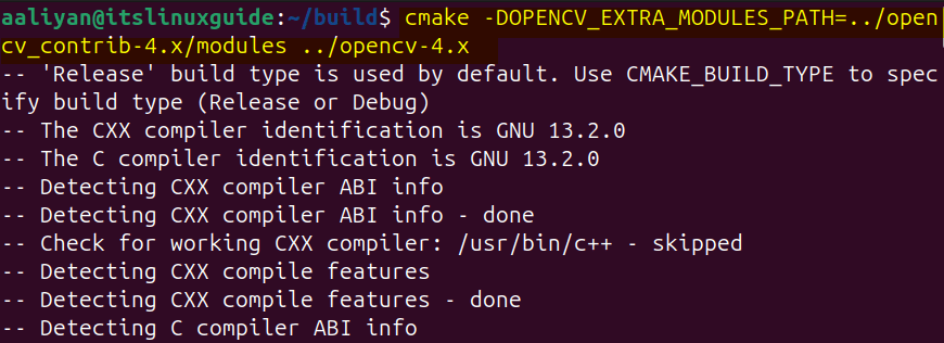 Generating build system for OpenCV containing its core and contrib modules on Ubuntu