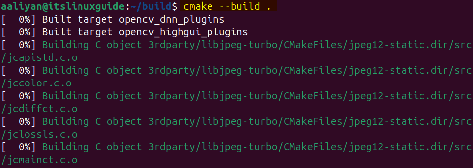 Compiling the OpenCV build files for both core and contrib on Ubuntu using cmake utility.
