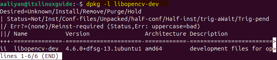 Verifying the OpenCV installation by listing its library info using dpkg on Ubuntu