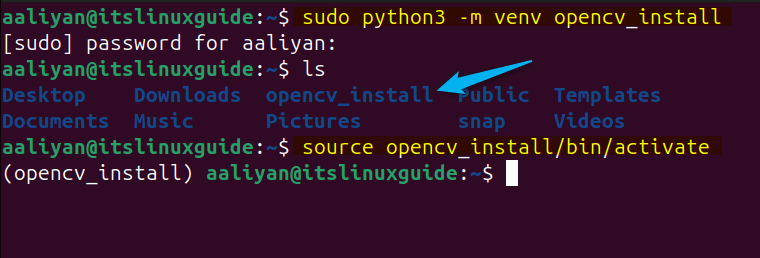 Creating Python virtual environment on Ubuntu for OpenCV installation.