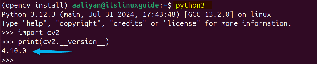 Verifying the OpenCV installation on Ubuntu by importing its library and displaying its version in Python virtual environment