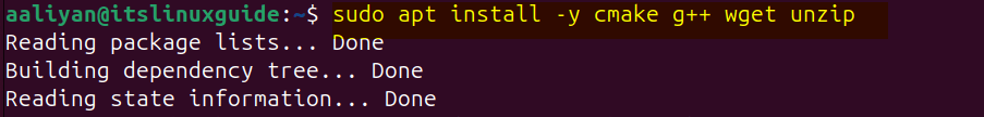 Installing unzip, cmake and g++ packages on Ubuntu for OpenCV installation via its source file