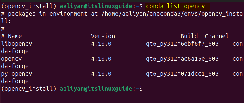 Listing OpenCV details to verify its installation via conda-forge repository on Ubuntu