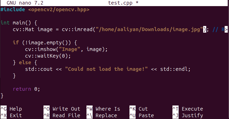Saving the .cpp code file using OpenCV in Ubuntu