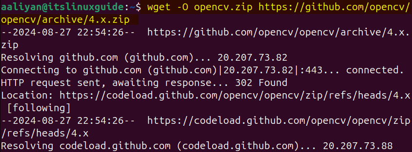 Downloading OpenCV zip file for core modules on Ubuntu