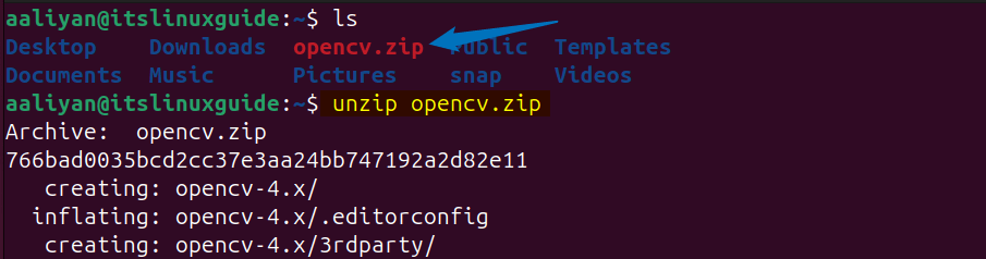 Extracting zip file for OpenCV core modules on Ubuntu