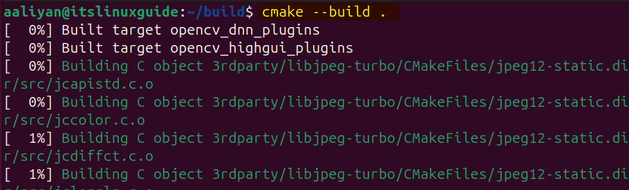 Compiling the OpenCV build files on Ubuntu using cmake utility.