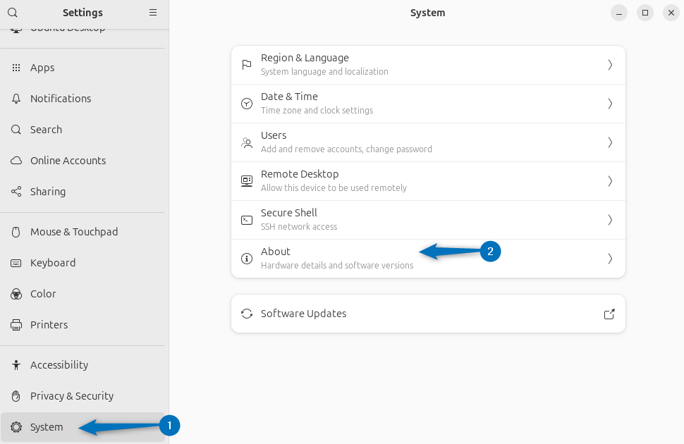 Going to About section in Ubuntu settings app under system tab
