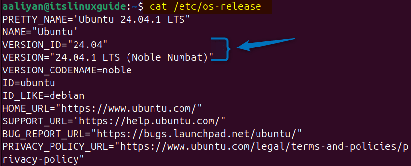Reading os-release file to get Ubuntu version by executing cat /etc/os-release command