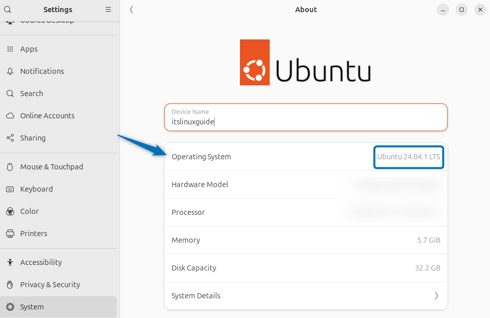 Checking Ubuntu version from the about section in settings app