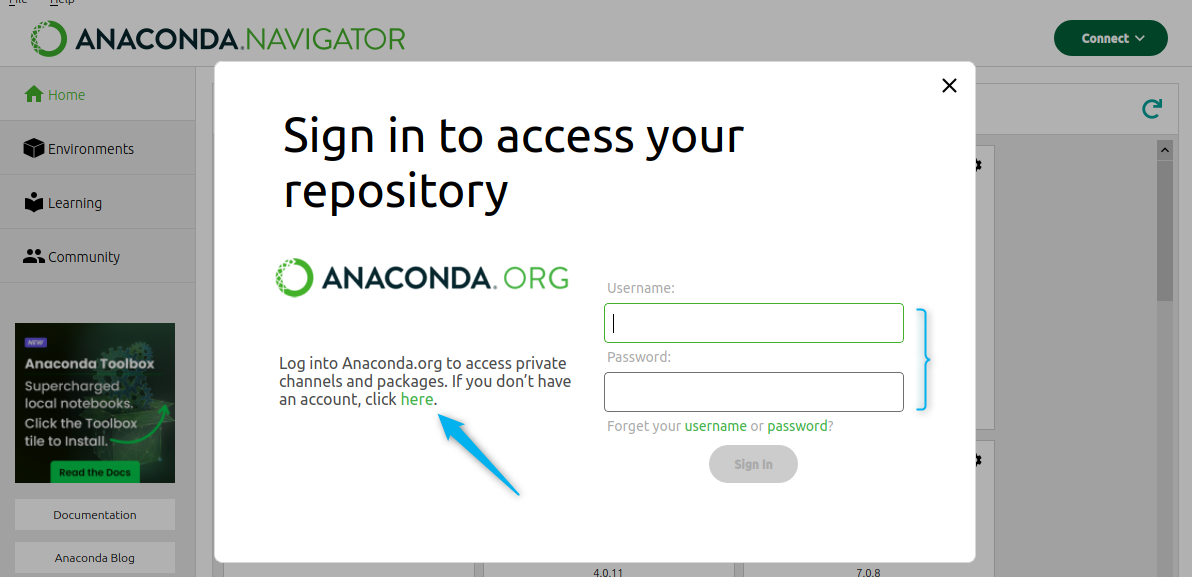 Logging in to Anaconda.org repository to connect it with Anaconda navigator