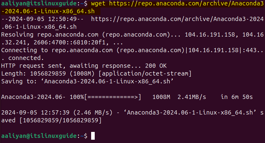 Downloading Anaconda installer bash file on Ubuntu via terminal.