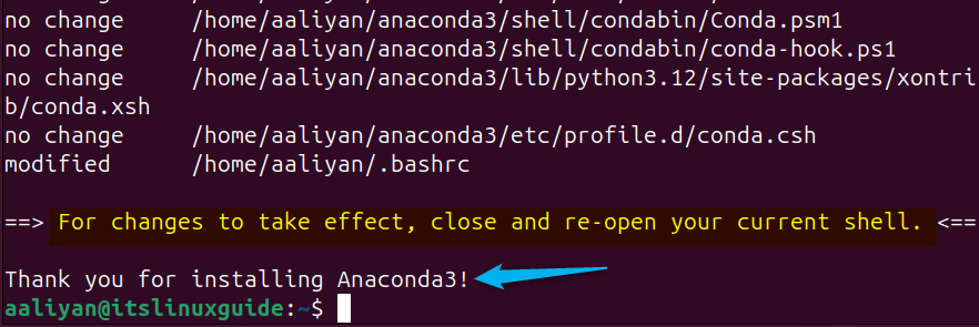 Installation completed for Anaconda on Ubuntu