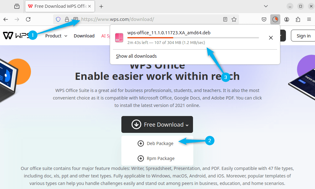 Downloading WPS Office deb file on Ubuntu via its official site